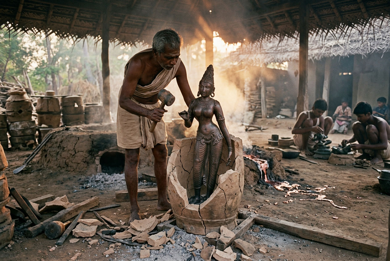 A bronze caster breaks open a clay mould and the goddess emerges