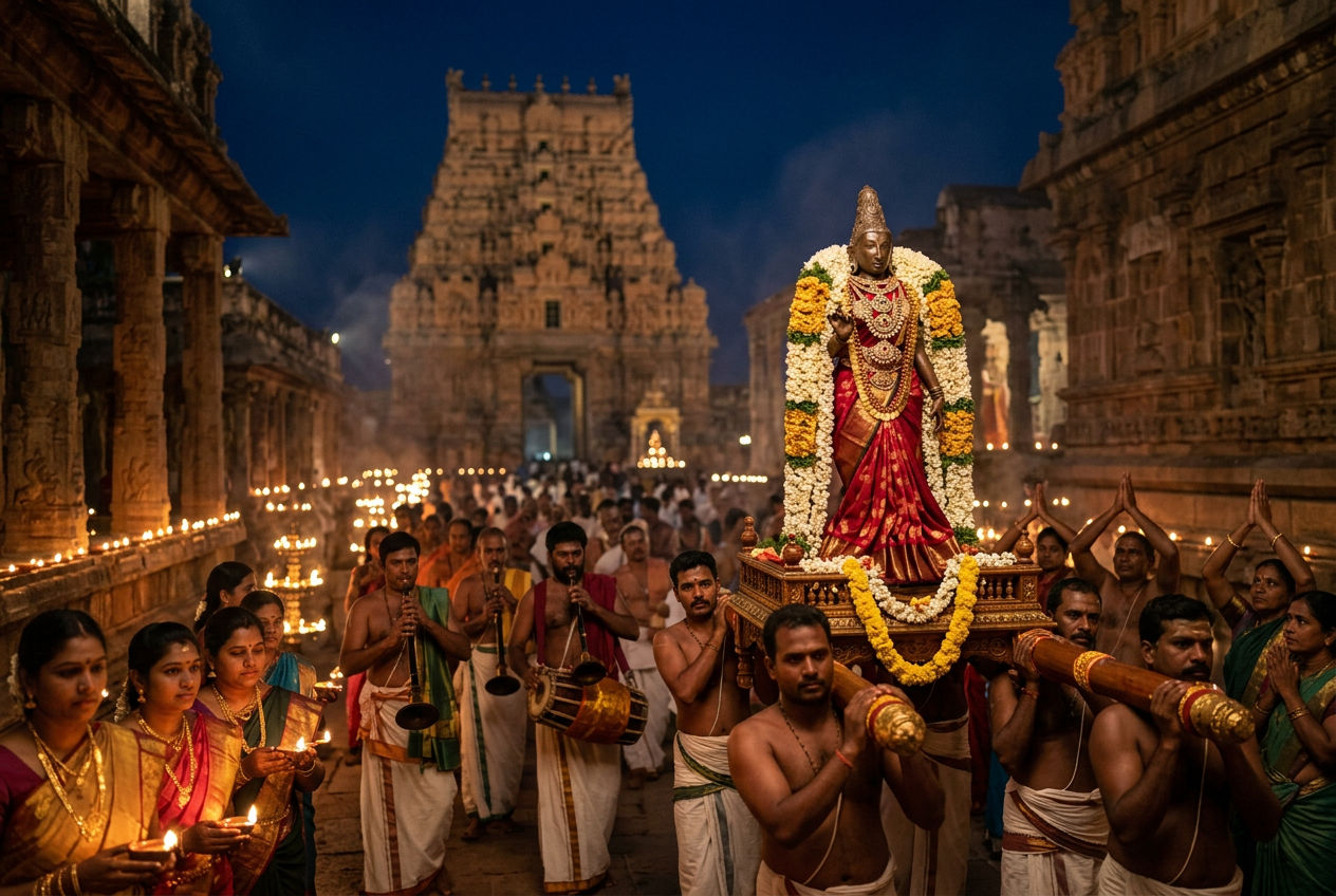 The bronze dressed in red silk and garlands, carried on a palanquin through a lamp-lit temple street at night