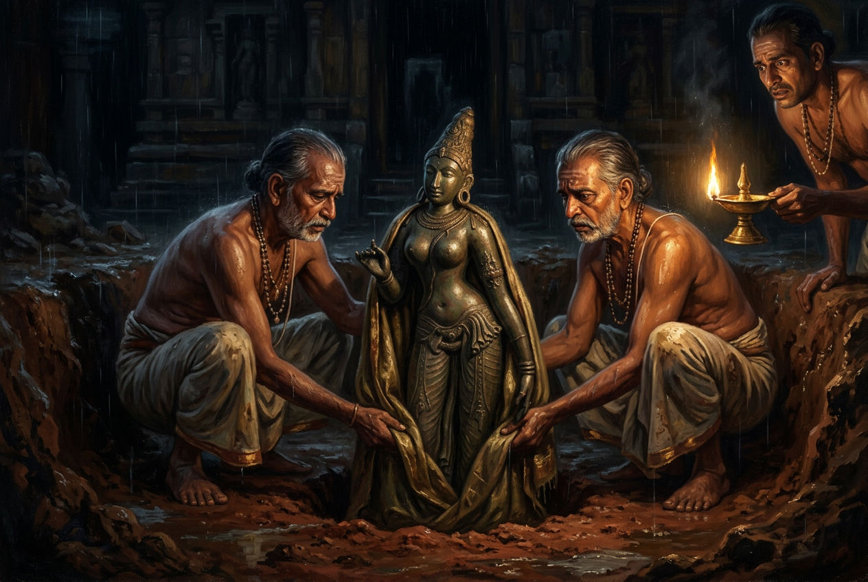 Two priests lower the wrapped bronze into a pit at night by lamplight
