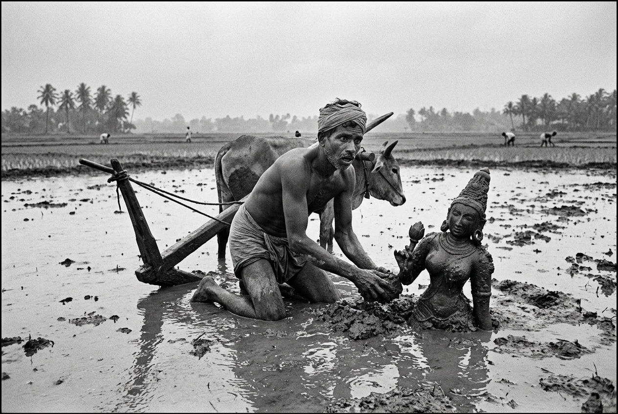 A farmer in a flooded paddy field beside his ox and plough, the bronze rising from the mud