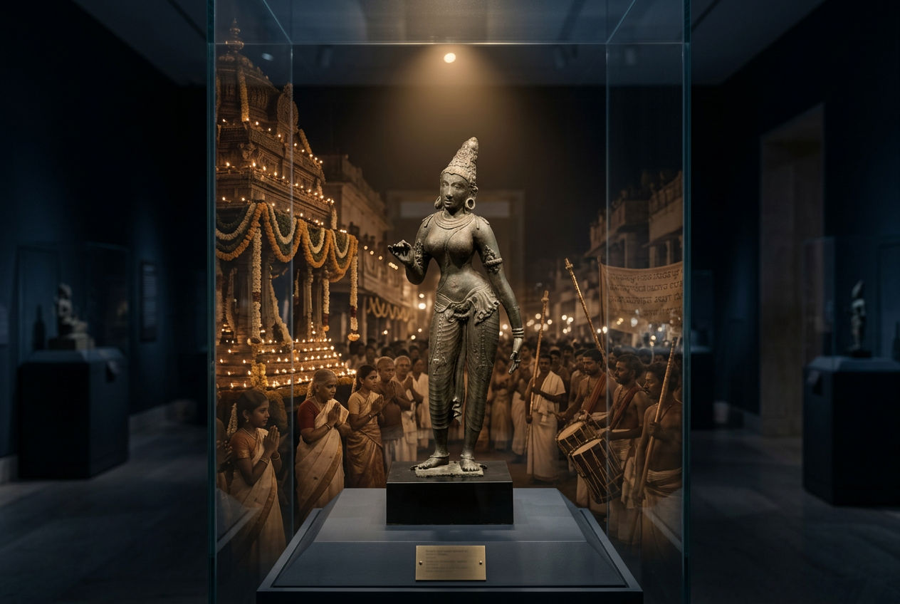 The bronze in a glass case at the Met with the night procession reflected in the glass